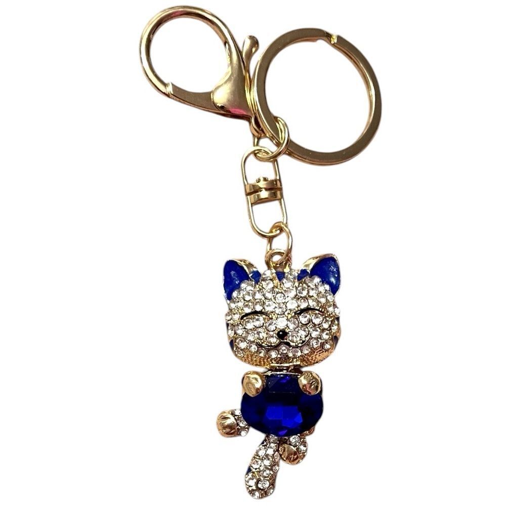 Blue And Crystal Gold Tone Cat Keychain Bag Charm